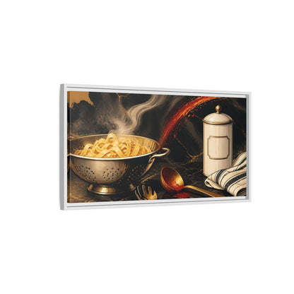 Side Mockup 1. Golden Colander With Pasta shown as framed canvas print