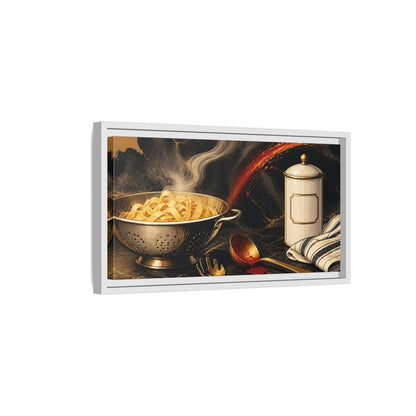 Side Mockup 6. Golden Colander With Pasta shown as framed canvas print