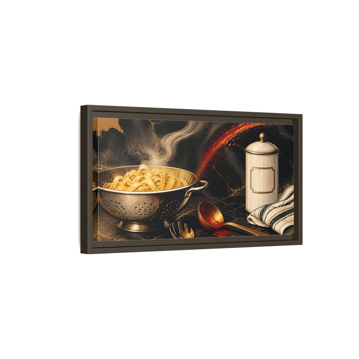 Side Mockup 7. Golden Colander With Pasta shown as framed canvas print