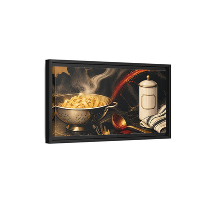 Side Mockup 8. Golden Colander With Pasta shown as framed canvas print