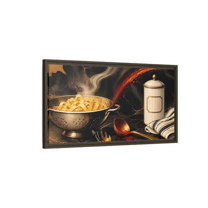 Main Mockup. Golden Colander With Pasta shown as framed canvas print