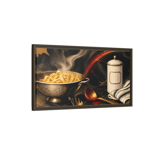 Main Mockup. Golden Colander With Pasta shown as framed canvas print
