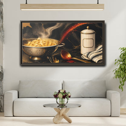 Mockup 2. Golden Colander With Pasta shown as framed canvas print