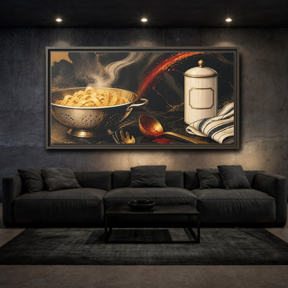 Mockup 3. Golden Colander With Pasta shown as framed canvas print