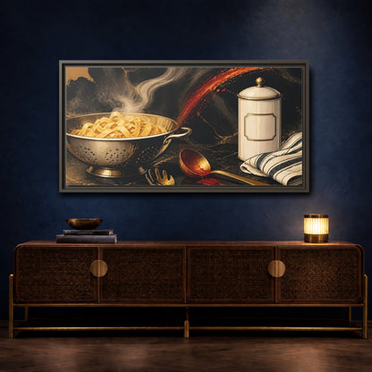Mockup 4. Golden Colander With Pasta shown as framed canvas print