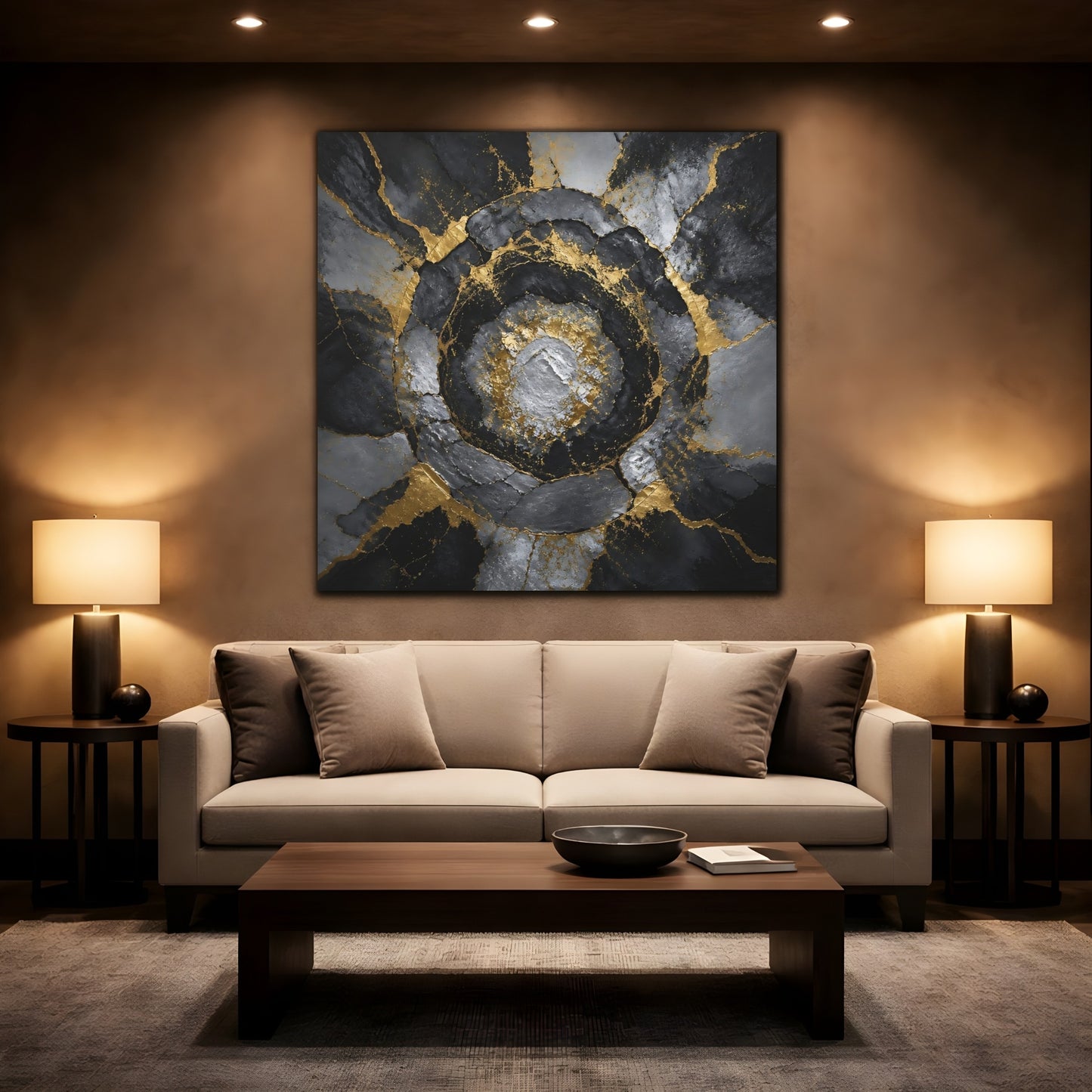 Mockup 2. Golden Concentric Rings shown as canvas print