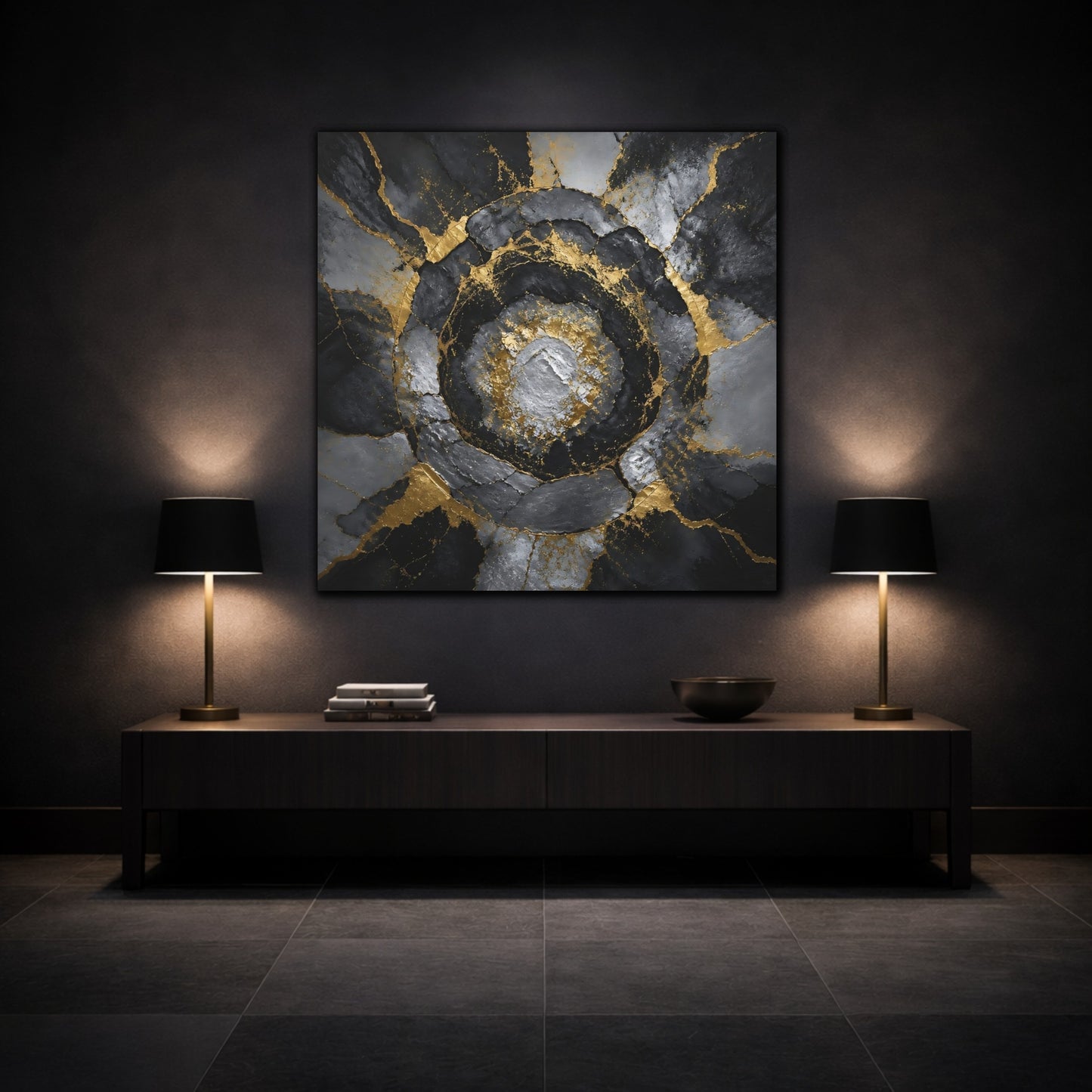 Mockup 3. Golden Concentric Rings shown as canvas print