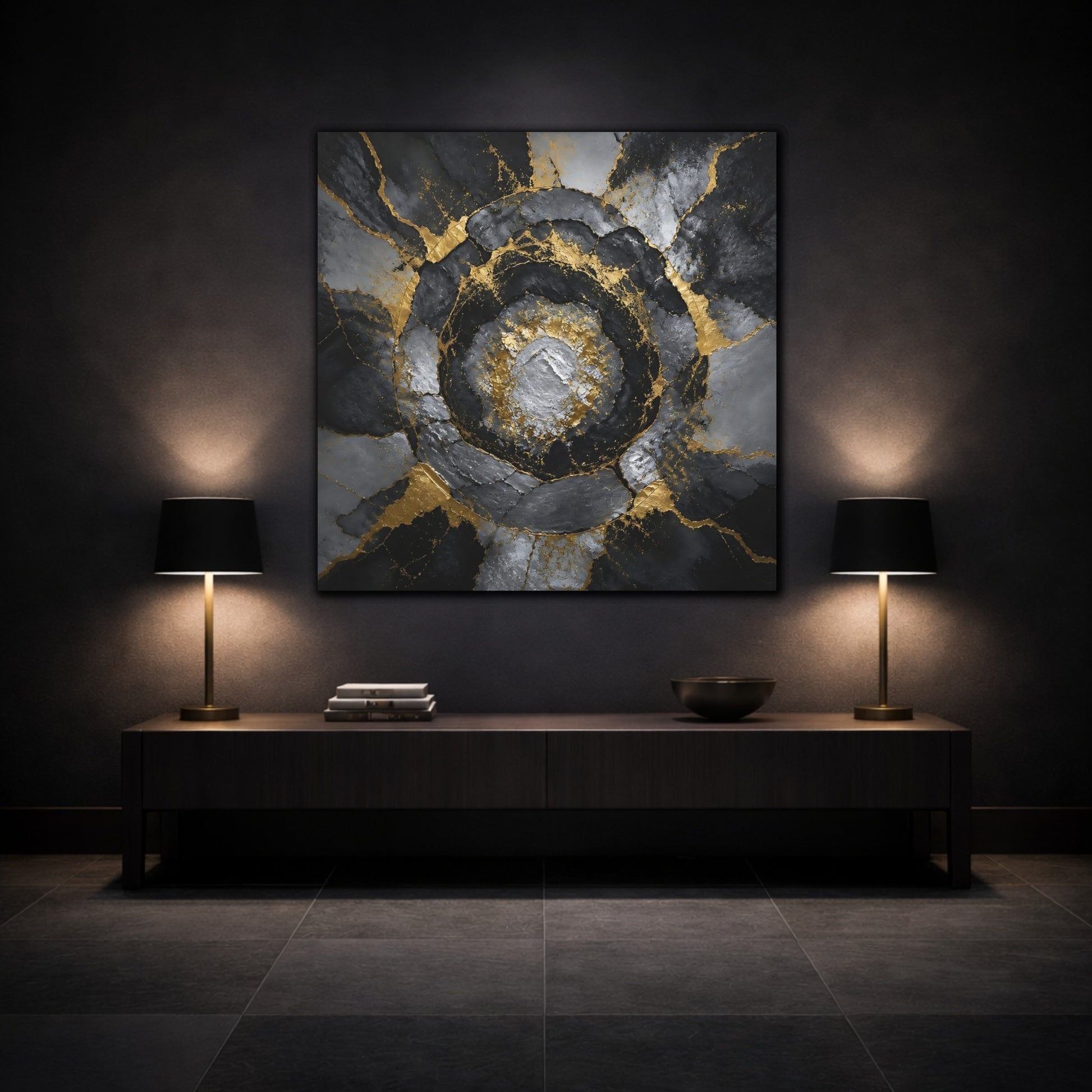 Mockup 3. Golden Concentric Rings shown as canvas print