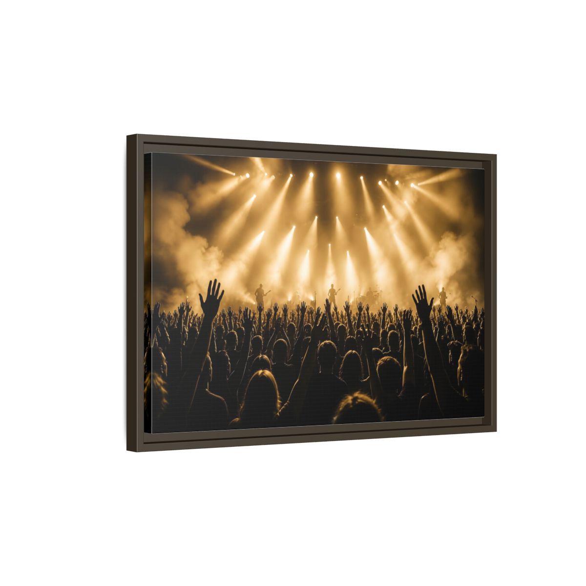 Side Mockup 2. Golden Concert Crowd shown as framed canvas print