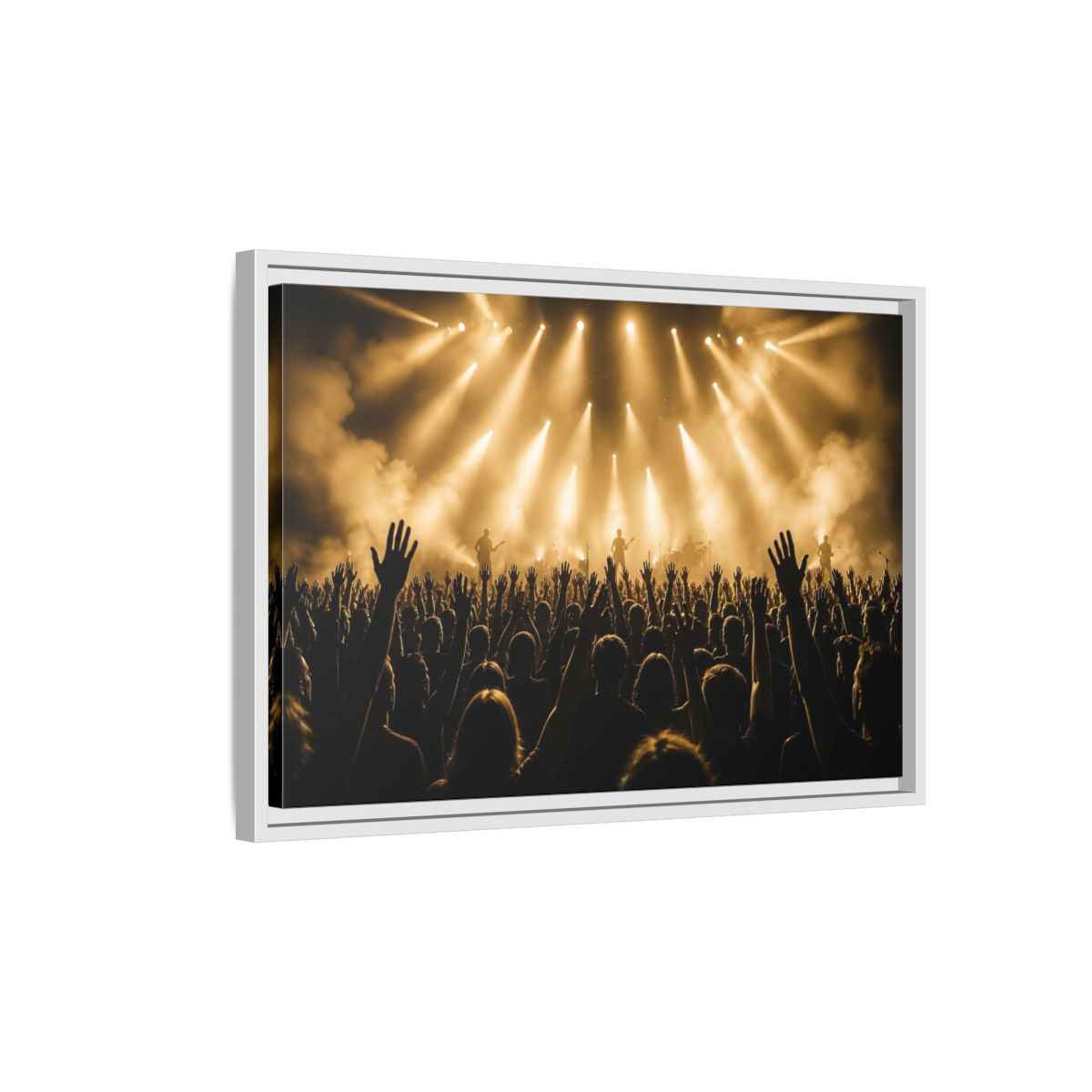 Side Mockup 1. Golden Concert Crowd shown as framed canvas print