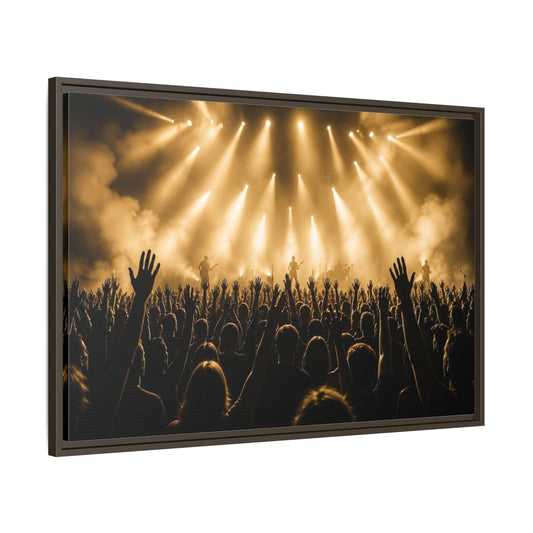 Main Mockup. Golden Concert Crowd shown as framed canvas print