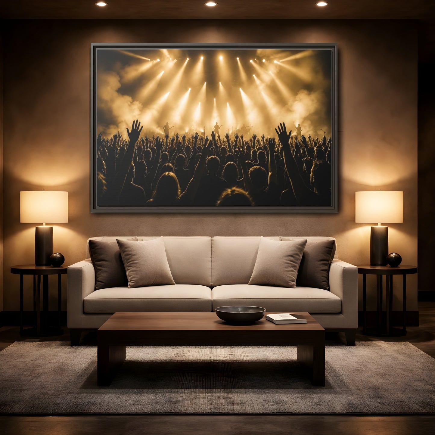 Mockup 2. Golden Concert Crowd shown as framed canvas print