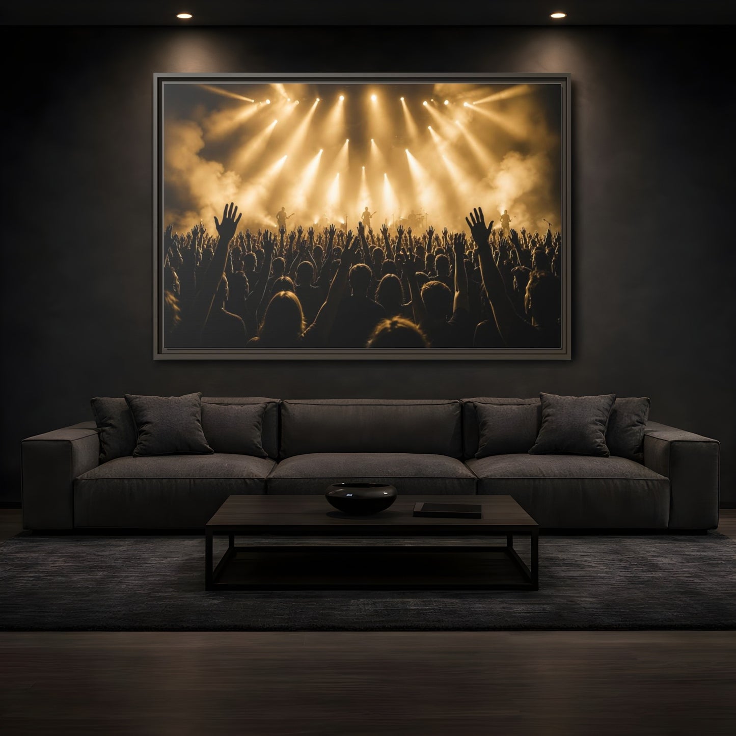 Mockup 3. Golden Concert Crowd shown as framed canvas print