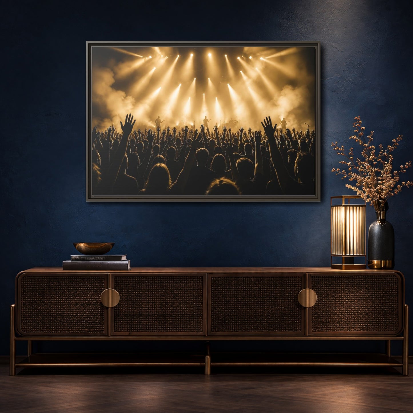 Mockup 4. Golden Concert Crowd shown as framed canvas print