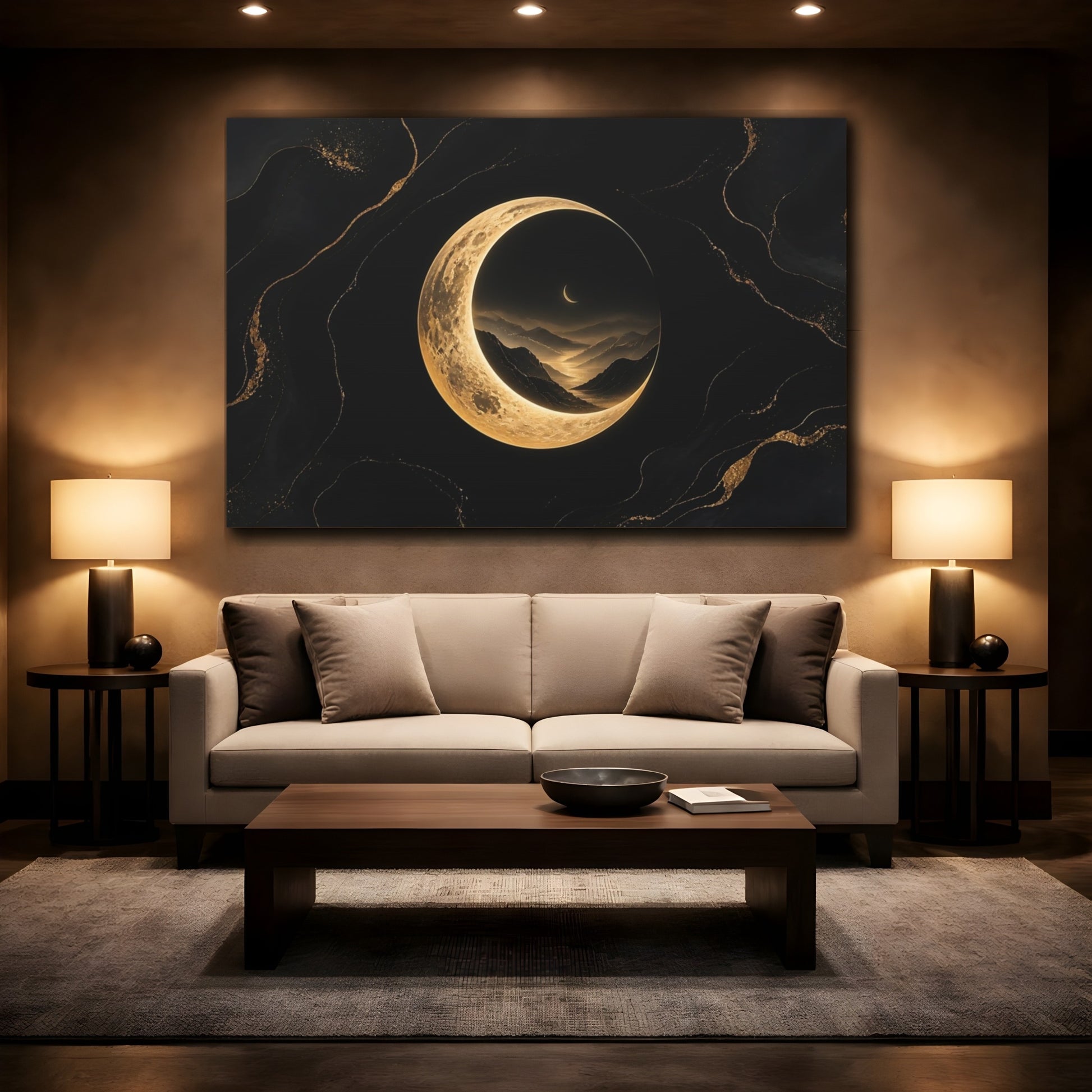 Mockup 2. Golden Crescent Moonscape shown as canvas print