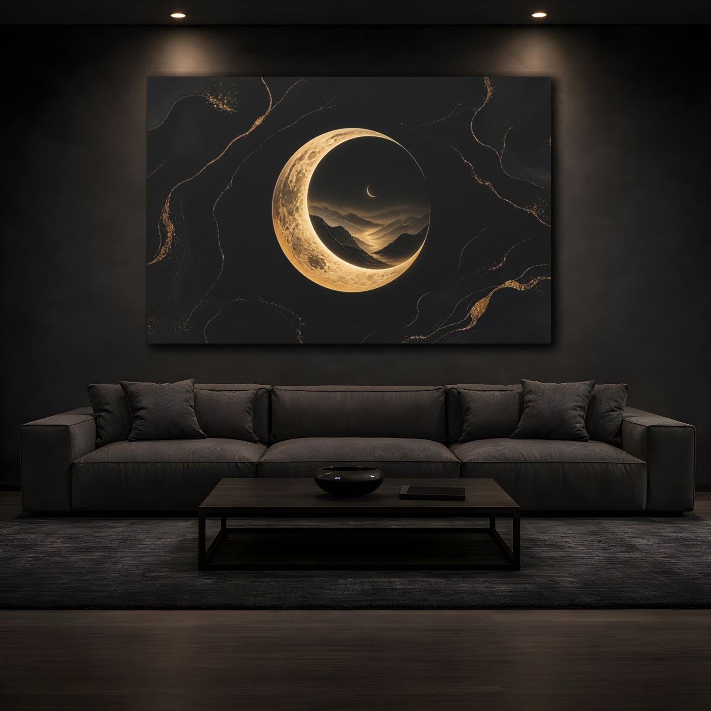 Mockup 3. Golden Crescent Moonscape shown as canvas print