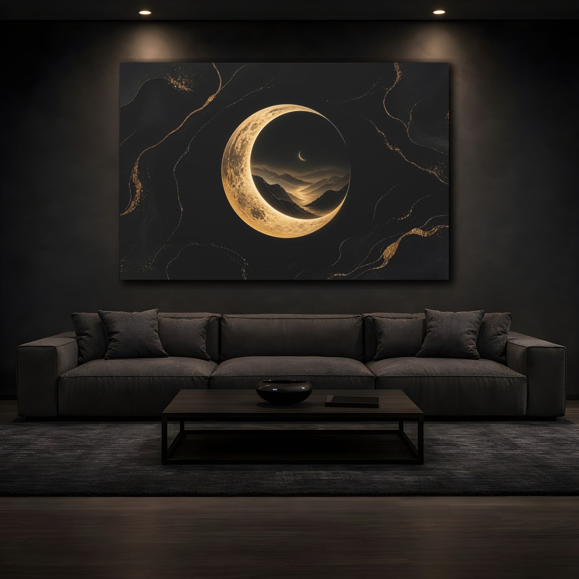 Mockup 3. Golden Crescent Moonscape shown as canvas print