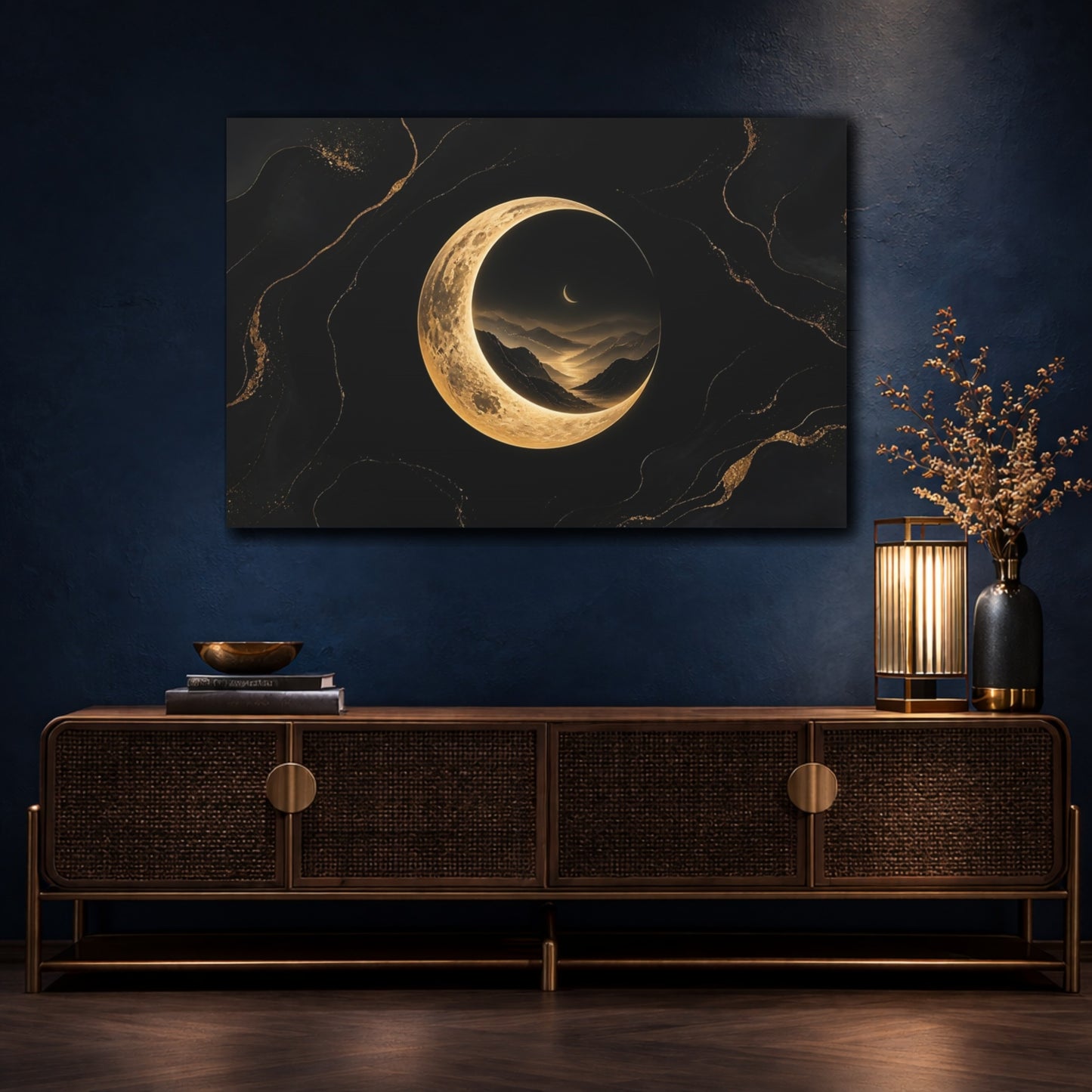 Mockup 4. Golden Crescent Moonscape shown as canvas print