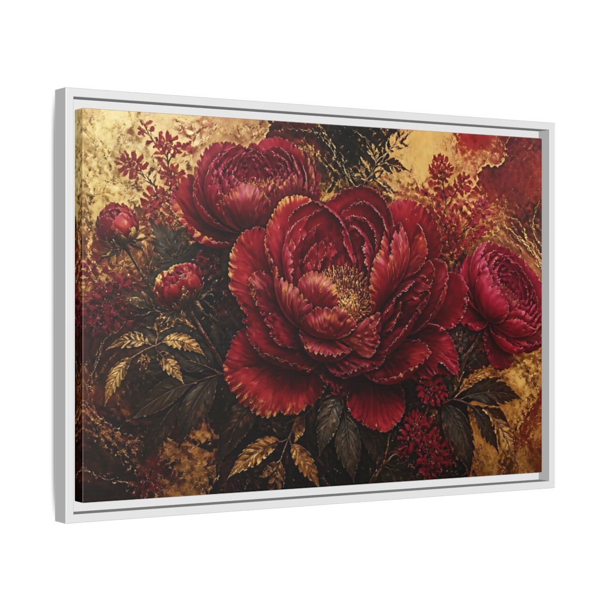 Side Mockup 10. Golden Crimson Peony shown as framed canvas print