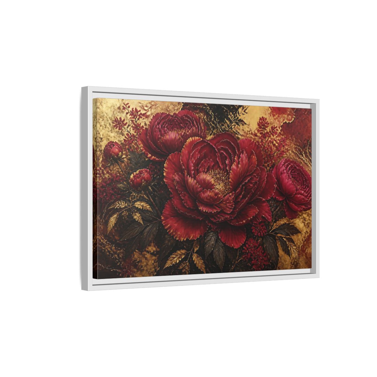 Side Mockup 1. Golden Crimson Peony shown as framed canvas print