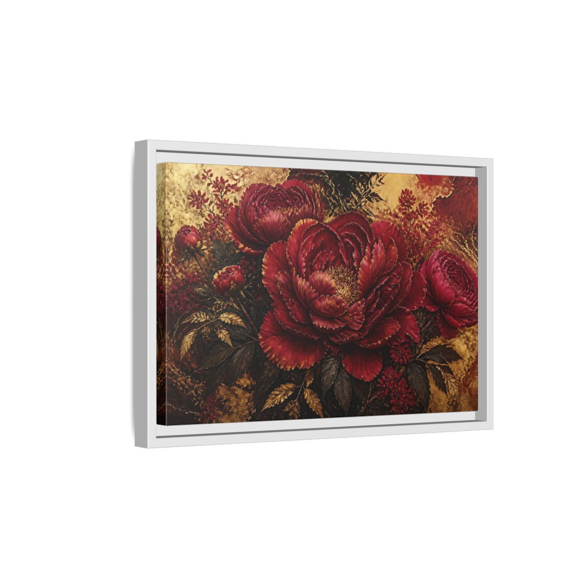 Side Mockup 4. Golden Crimson Peony shown as framed canvas print