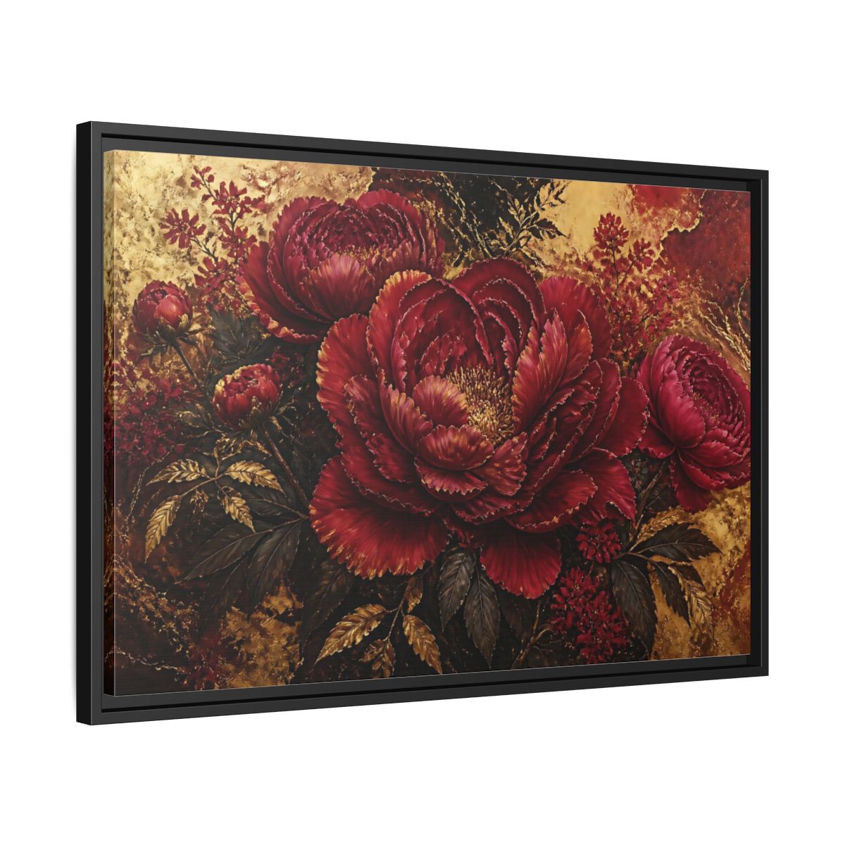 Side Mockup 14. Golden Crimson Peony shown as framed canvas print