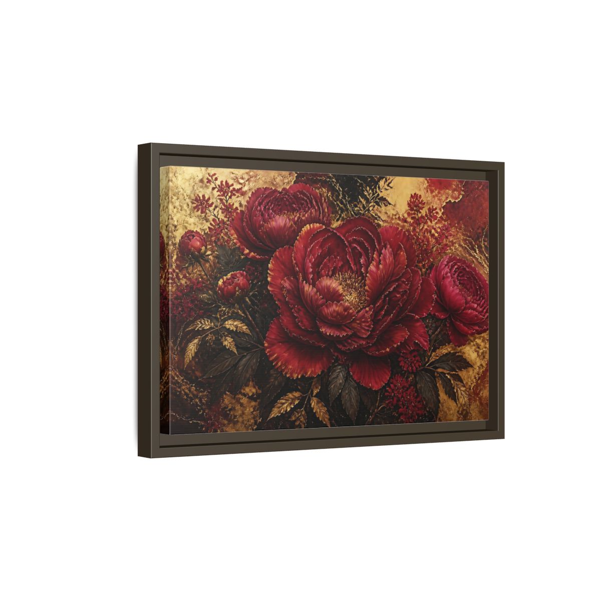 Side Mockup 5. Golden Crimson Peony shown as framed canvas print
