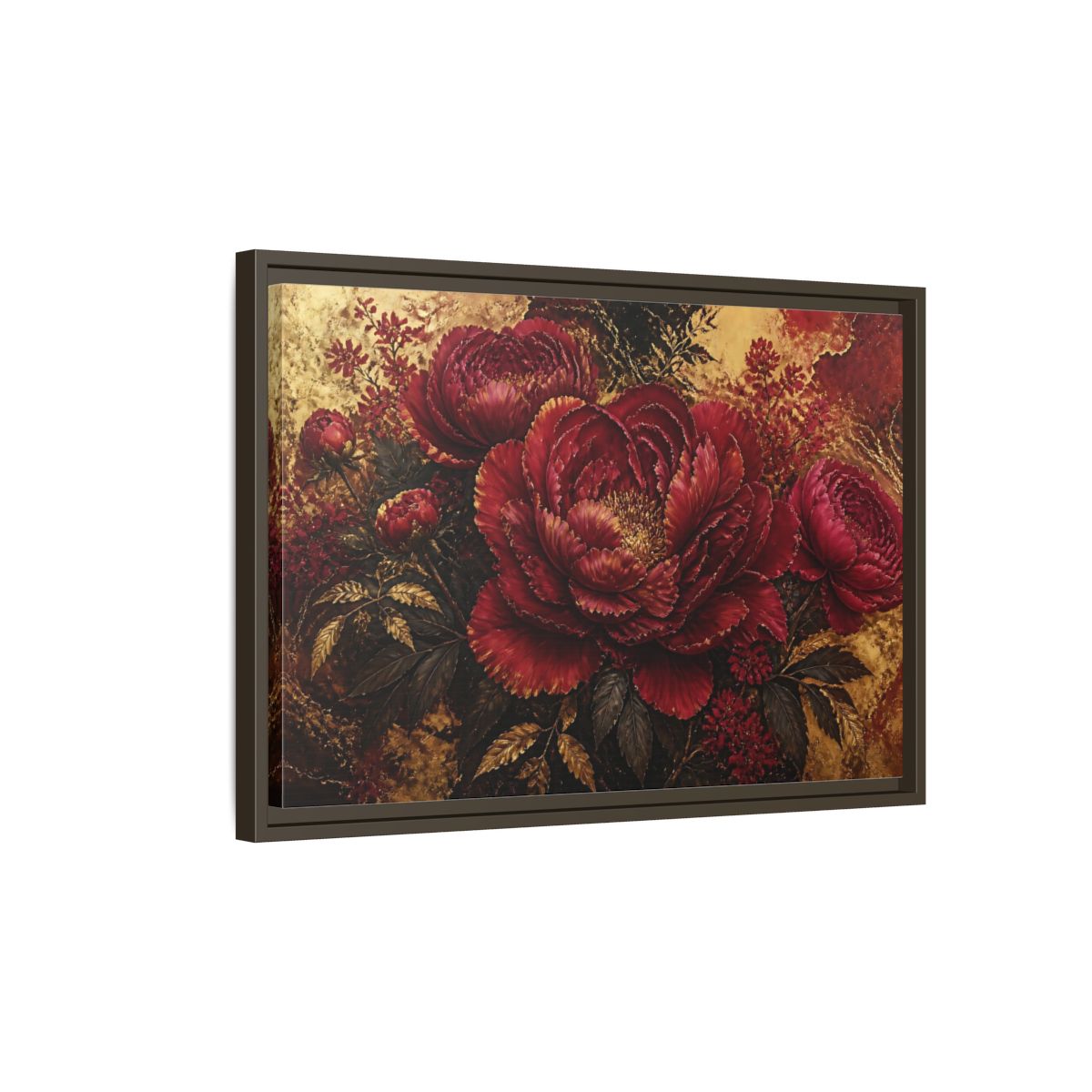 Side Mockup 2. Golden Crimson Peony shown as framed canvas print