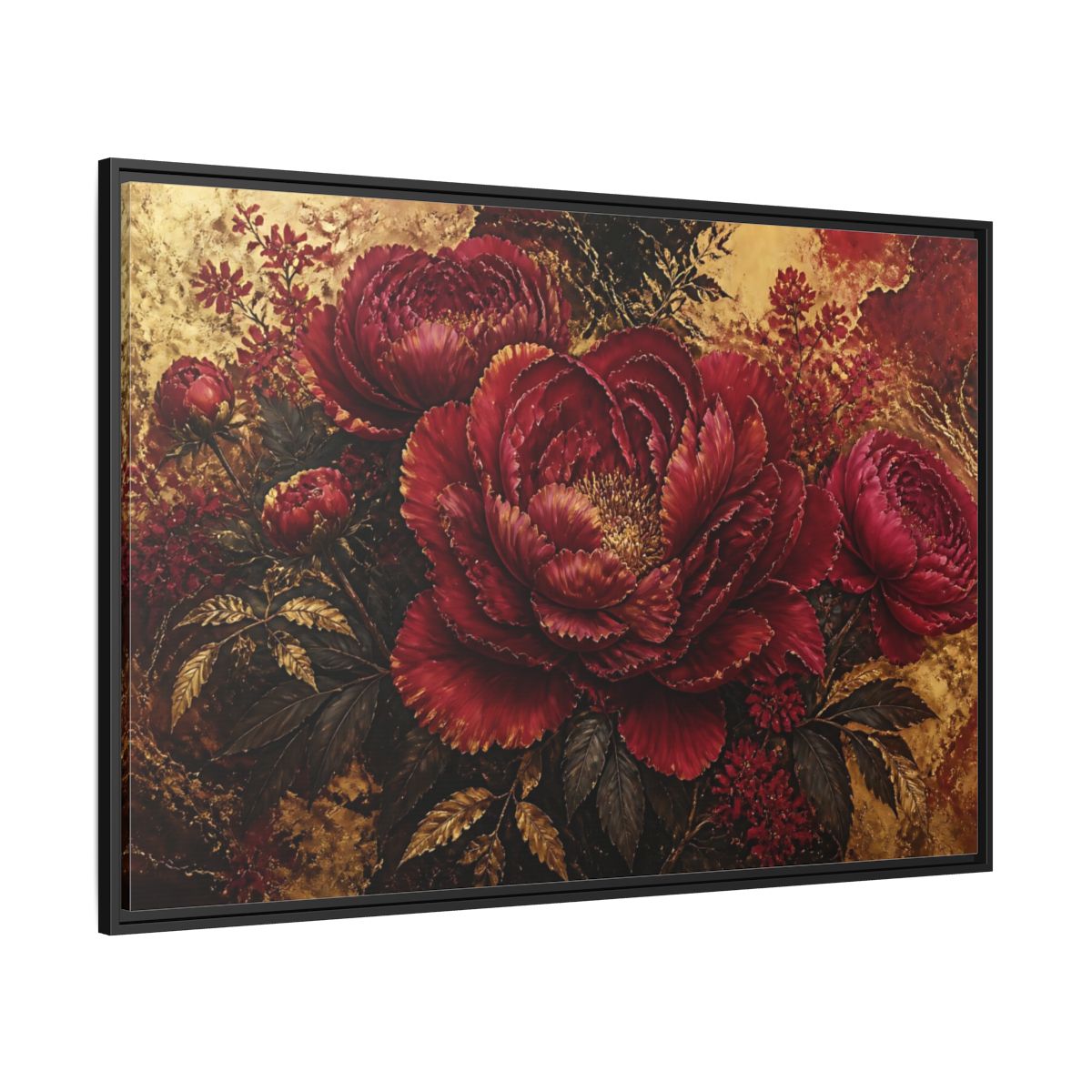 Side Mockup 12. Golden Crimson Peony shown as framed canvas print