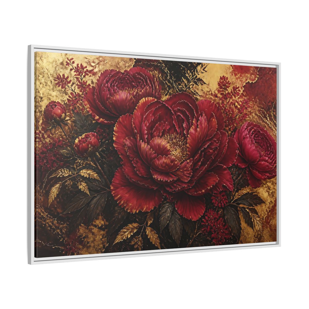 Side Mockup 7. Golden Crimson Peony shown as framed canvas print