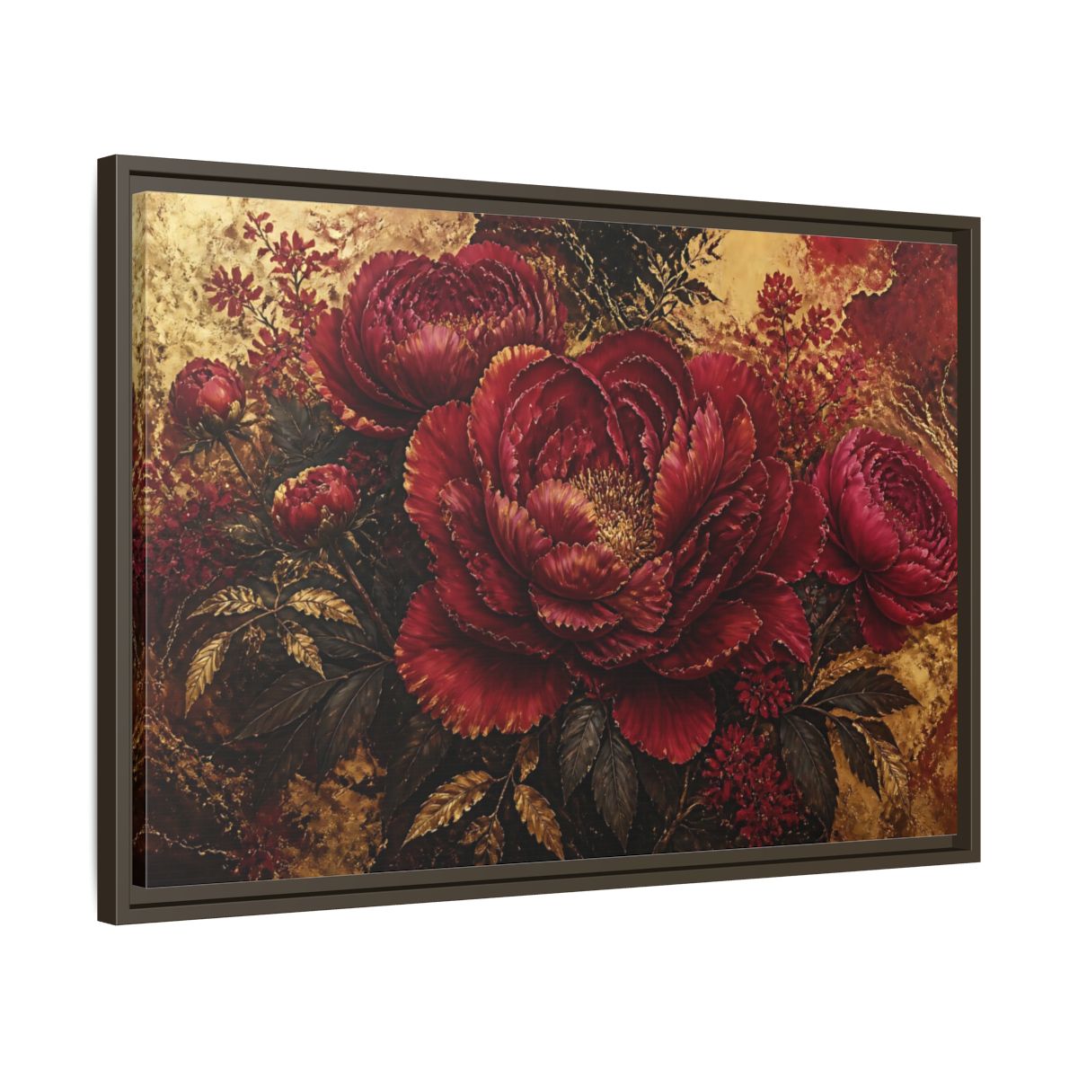 Side Mockup 11. Golden Crimson Peony shown as framed canvas print