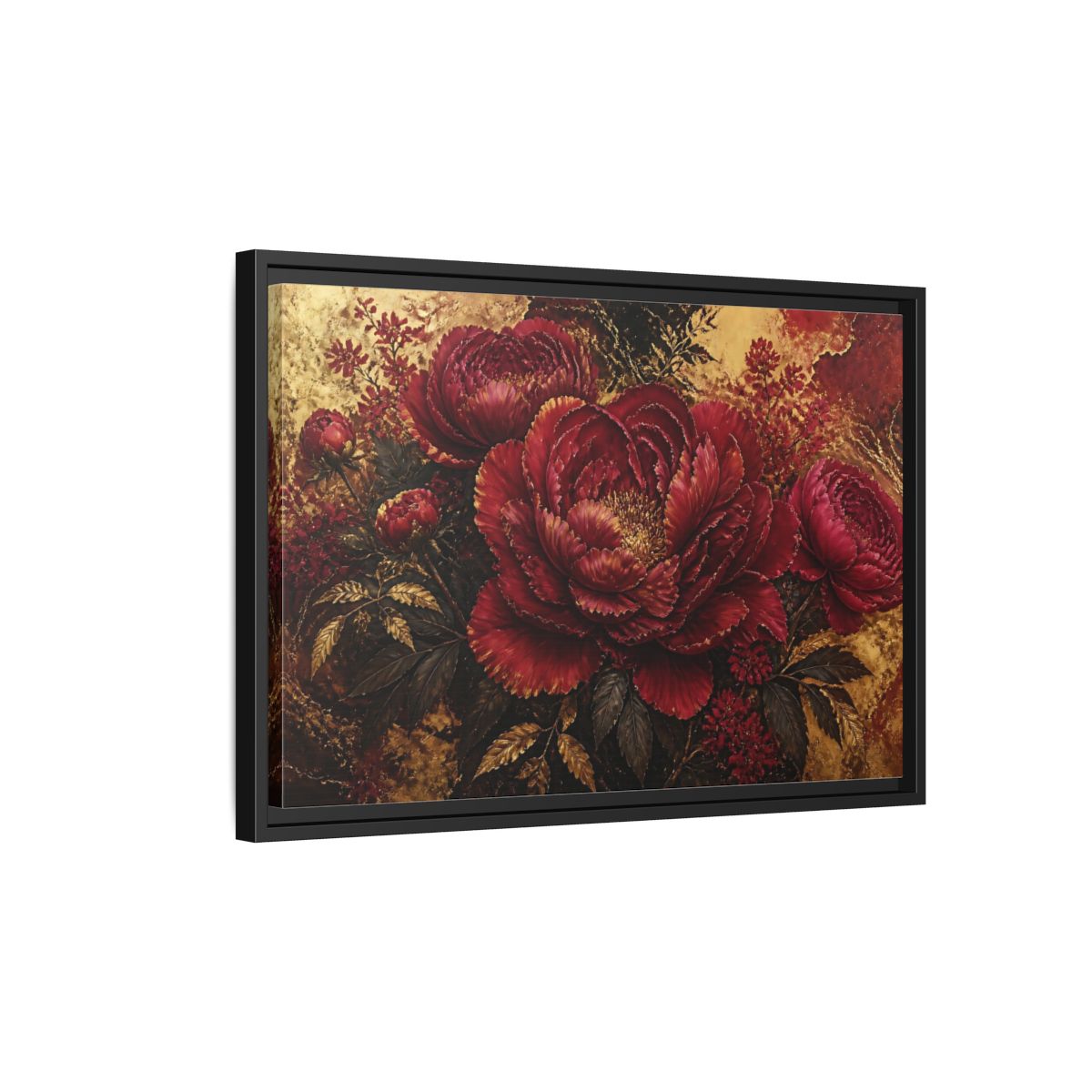 Side Mockup 3. Golden Crimson Peony shown as framed canvas print