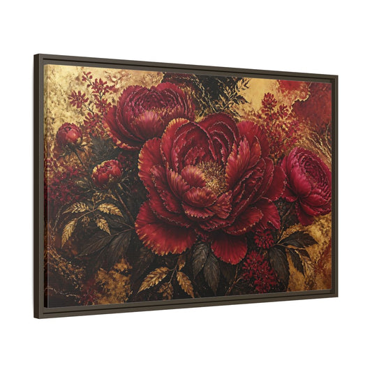 Main Mockup. Golden Crimson Peony shown as framed canvas print