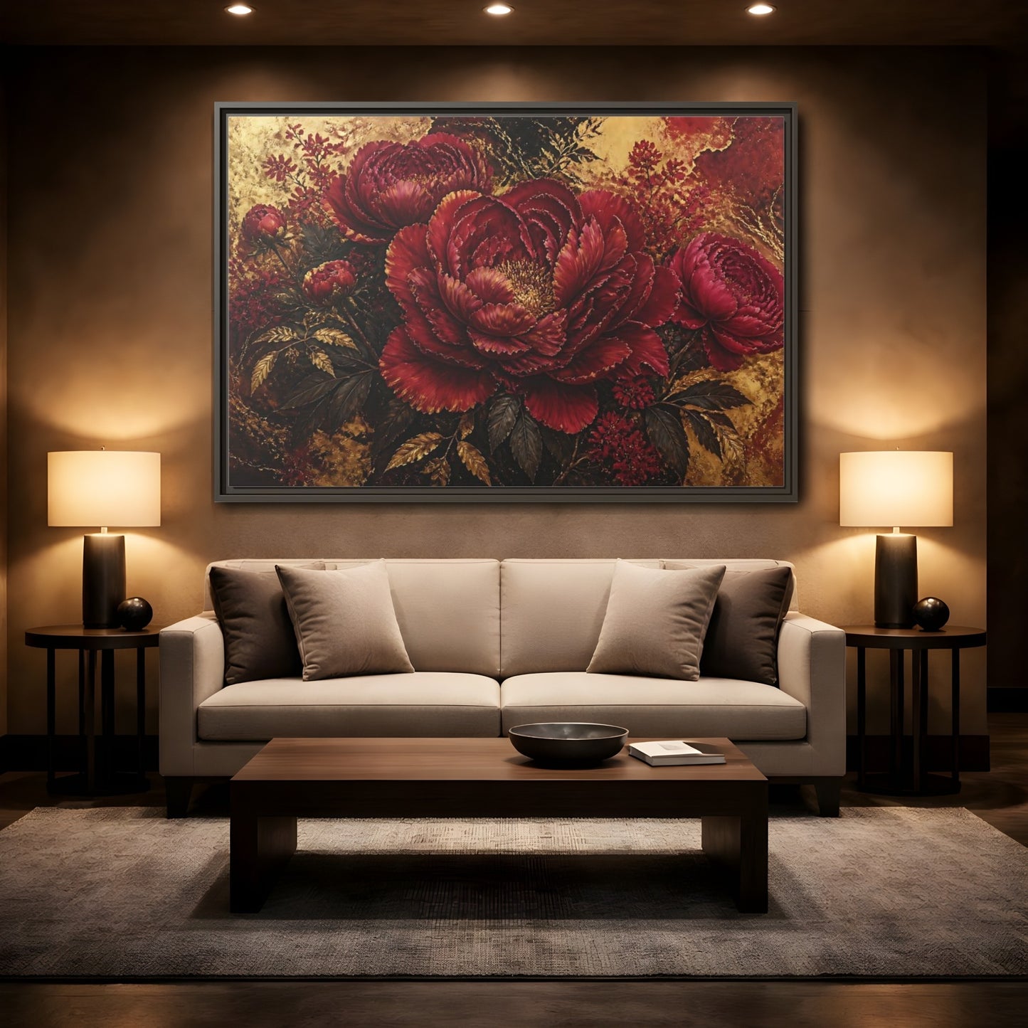 Mockup 2. Golden Crimson Peony shown as framed canvas print