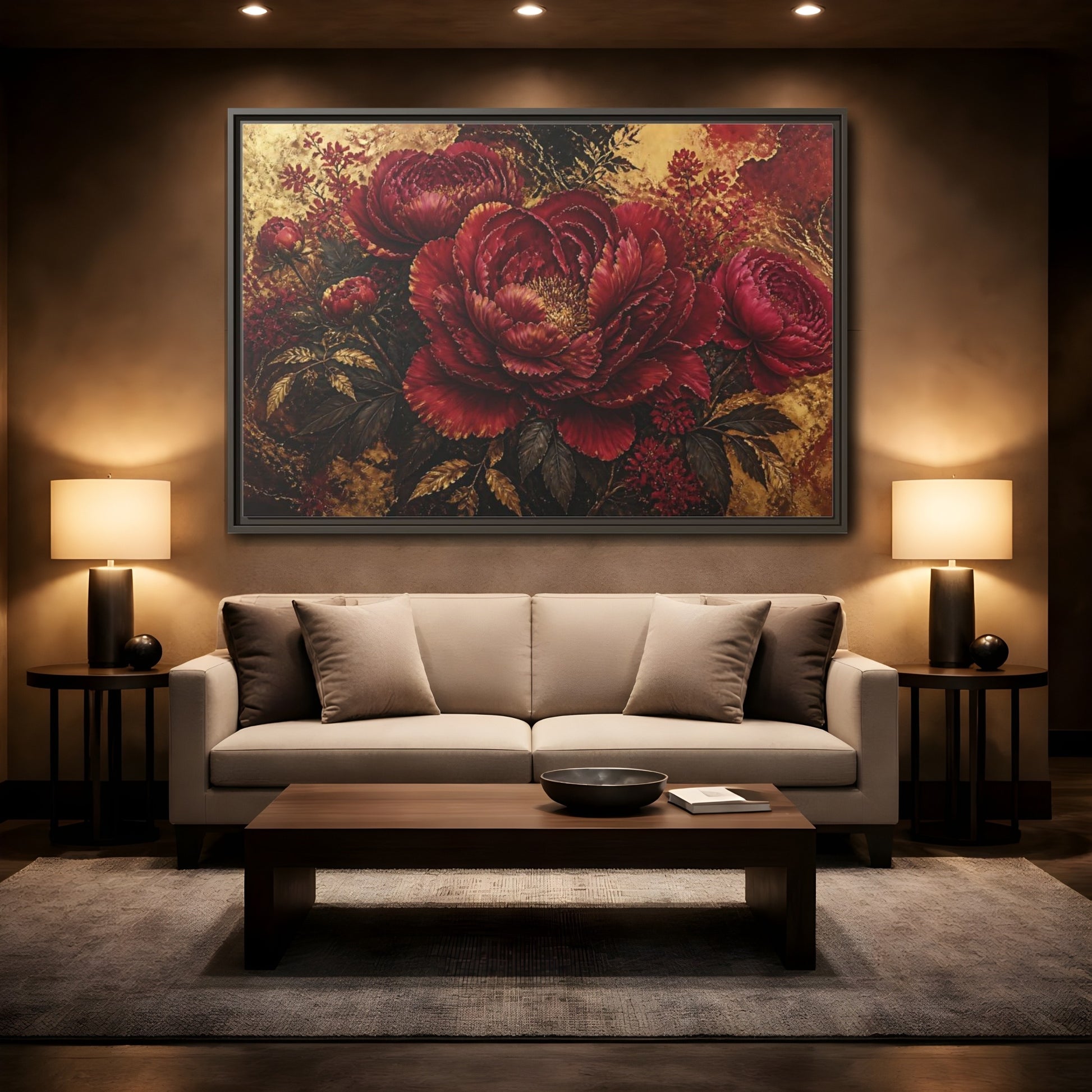 Mockup 2. Golden Crimson Peony shown as framed canvas print