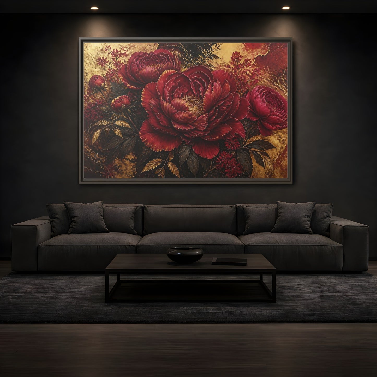 Mockup 3. Golden Crimson Peony shown as framed canvas print