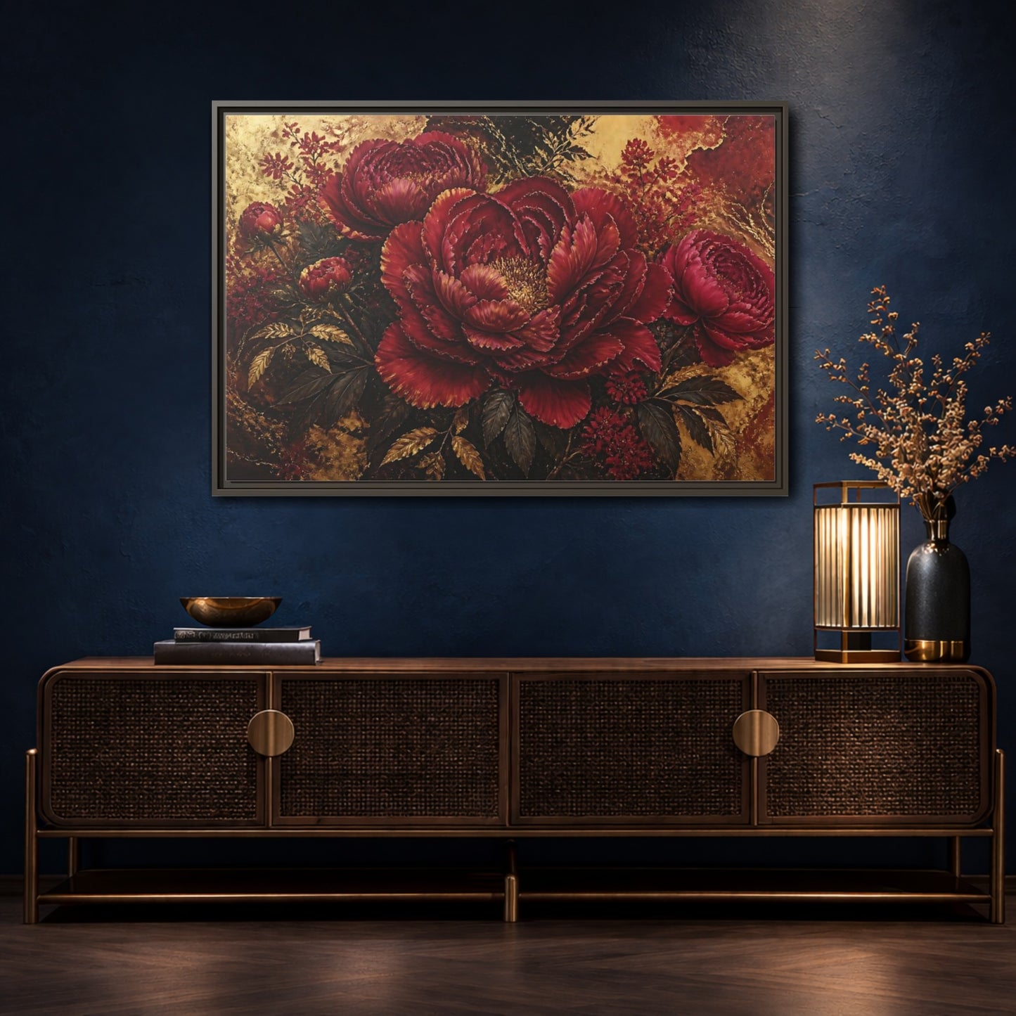 Mockup 4. Golden Crimson Peony shown as framed canvas print