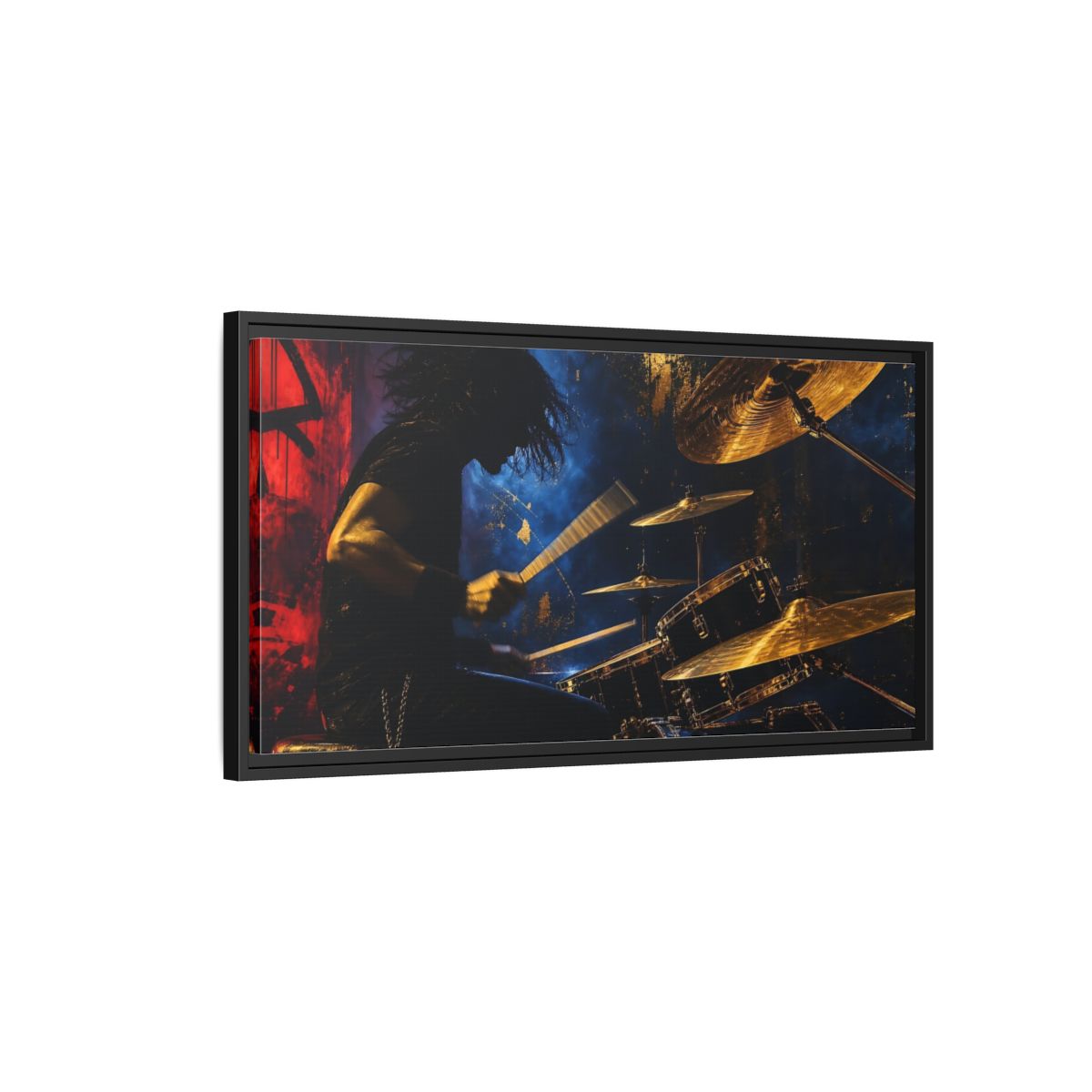 Side Mockup 2. Golden Cymbal Drummer shown as framed canvas print