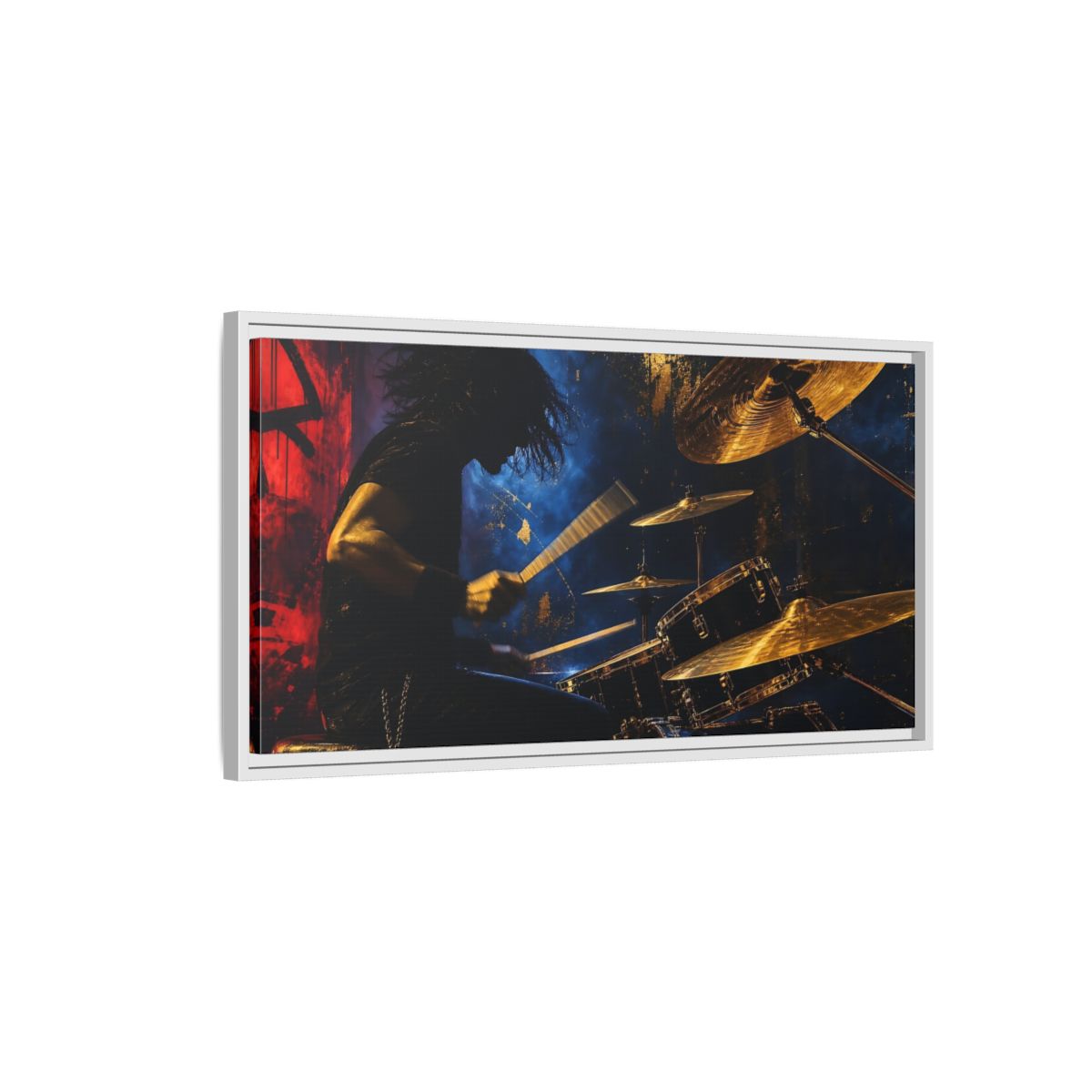 Side Mockup 1. Golden Cymbal Drummer shown as framed canvas print