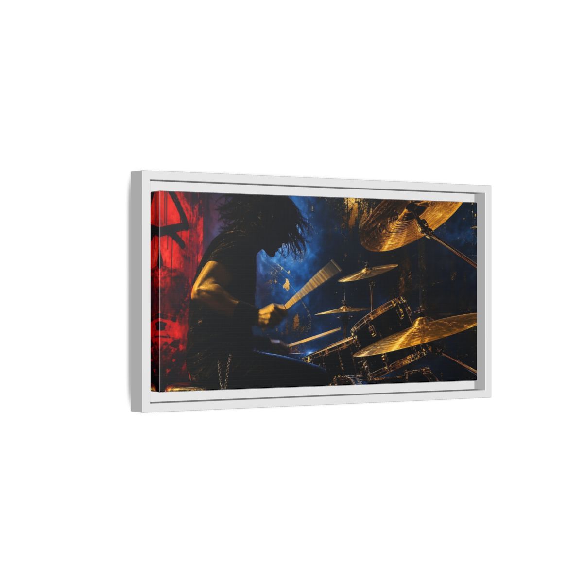Side Mockup 6. Golden Cymbal Drummer shown as framed canvas print