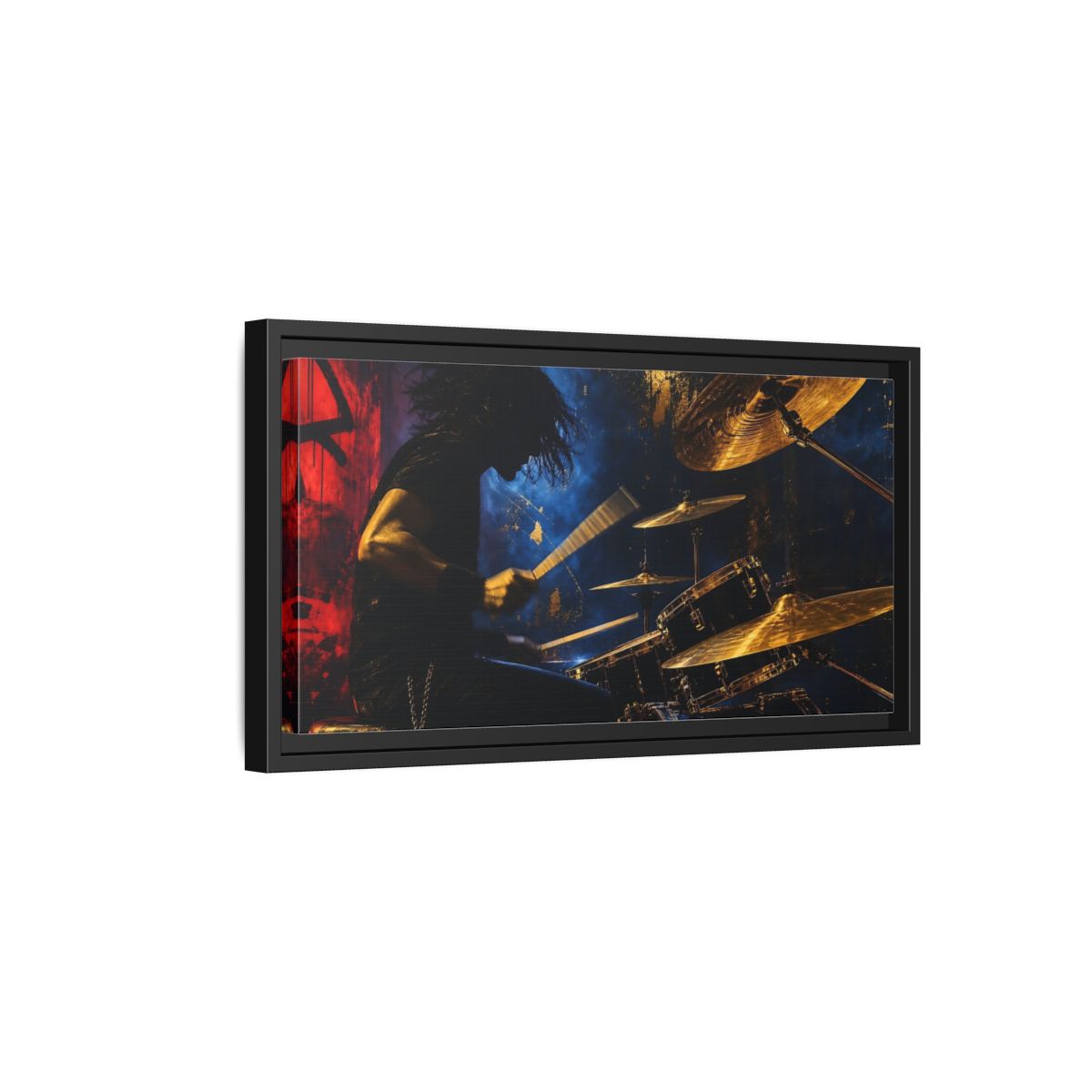 Side Mockup 8. Golden Cymbal Drummer shown as framed canvas print