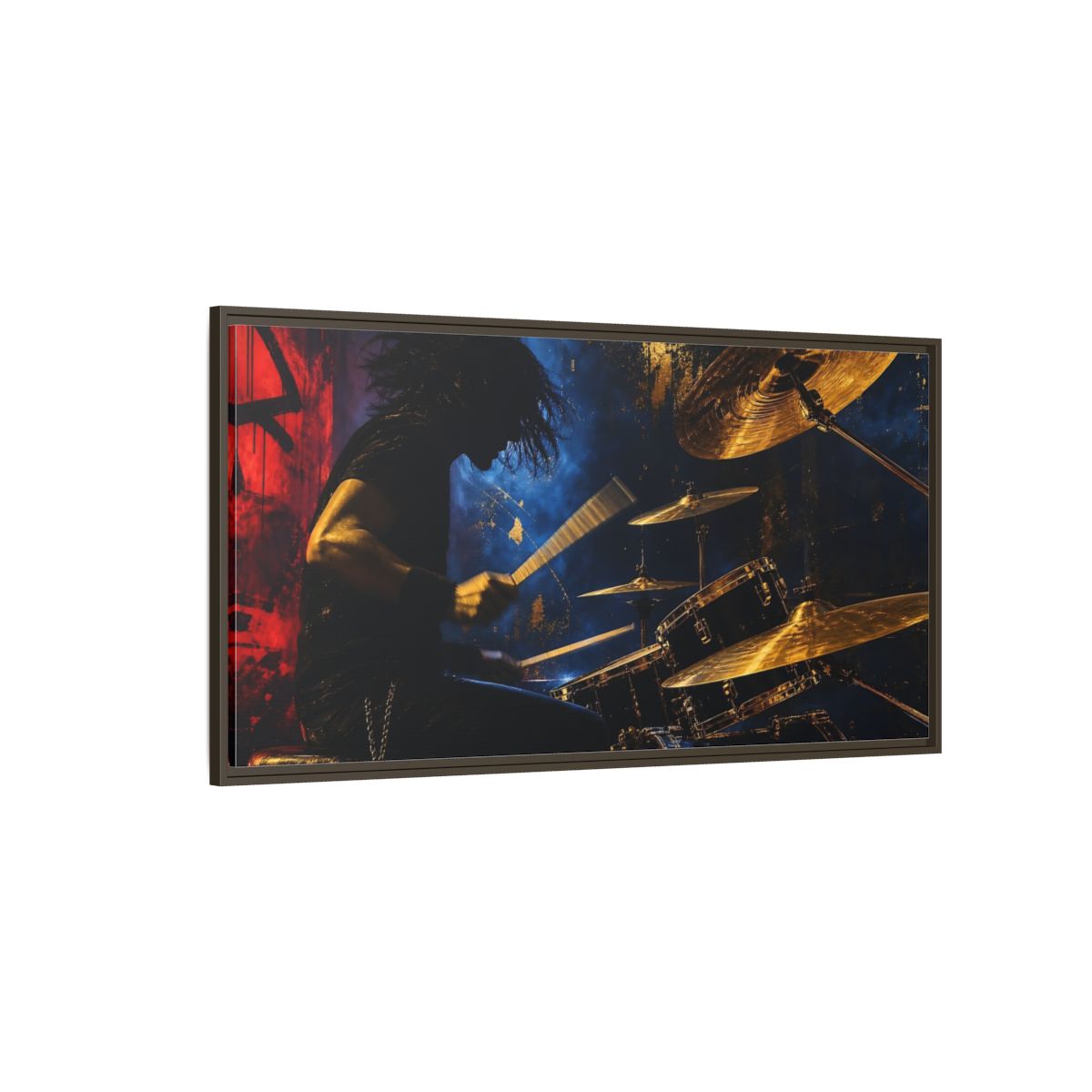 Side Mockup 4. Golden Cymbal Drummer shown as framed canvas print