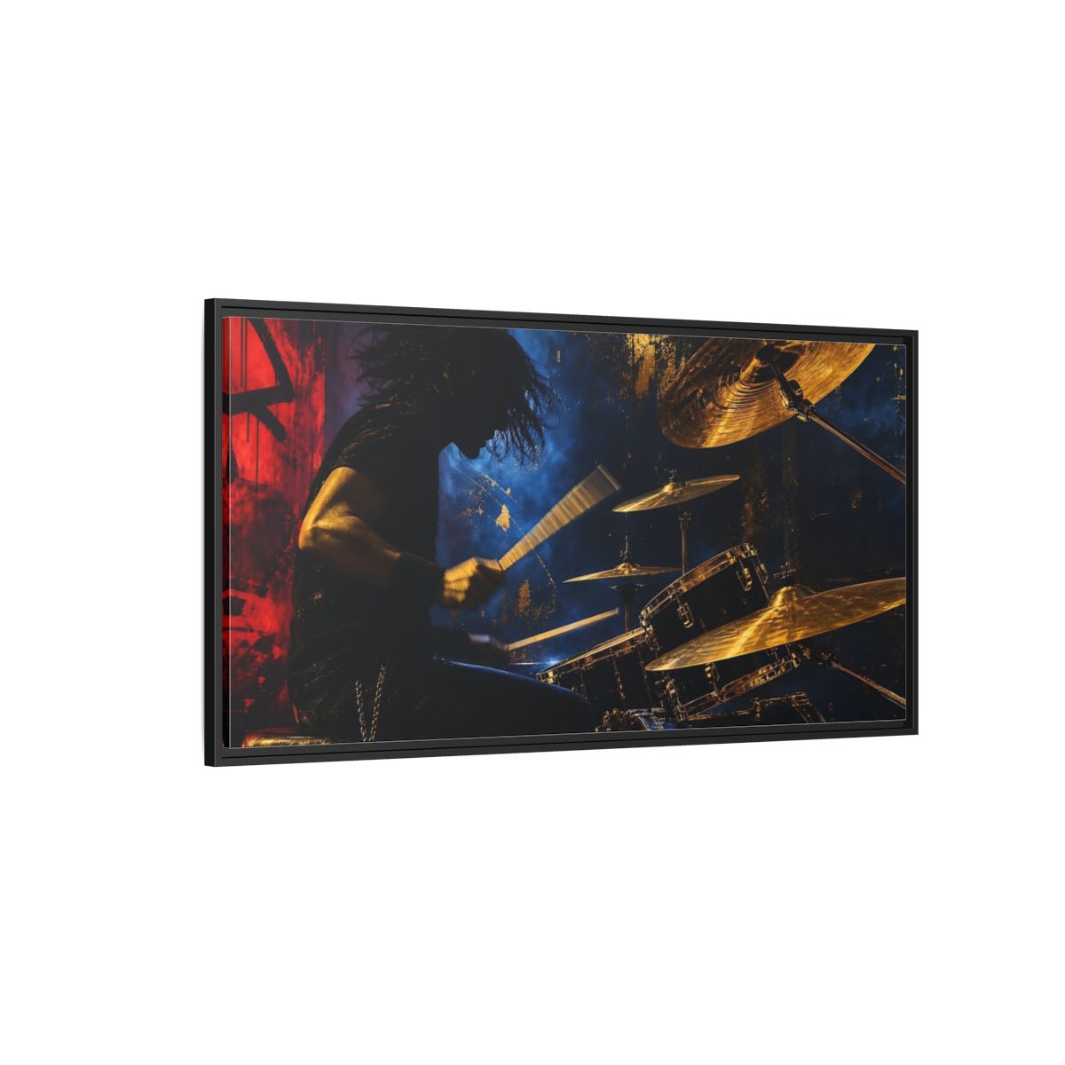 Side Mockup 5. Golden Cymbal Drummer shown as framed canvas print