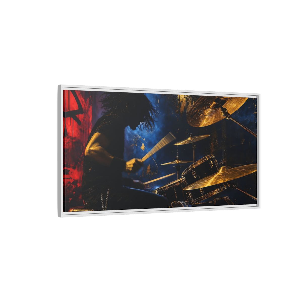 Side Mockup 3. Golden Cymbal Drummer shown as framed canvas print