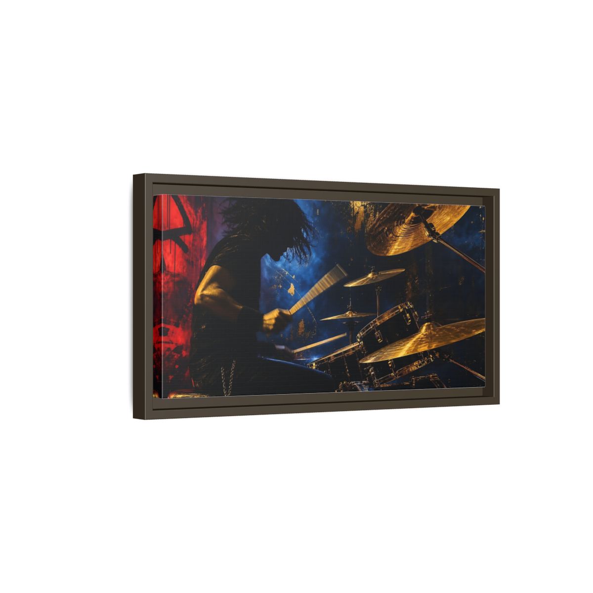 Side Mockup 7. Golden Cymbal Drummer shown as framed canvas print