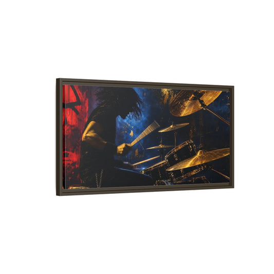 Main Mockup. Golden Cymbal Drummer shown as framed canvas print