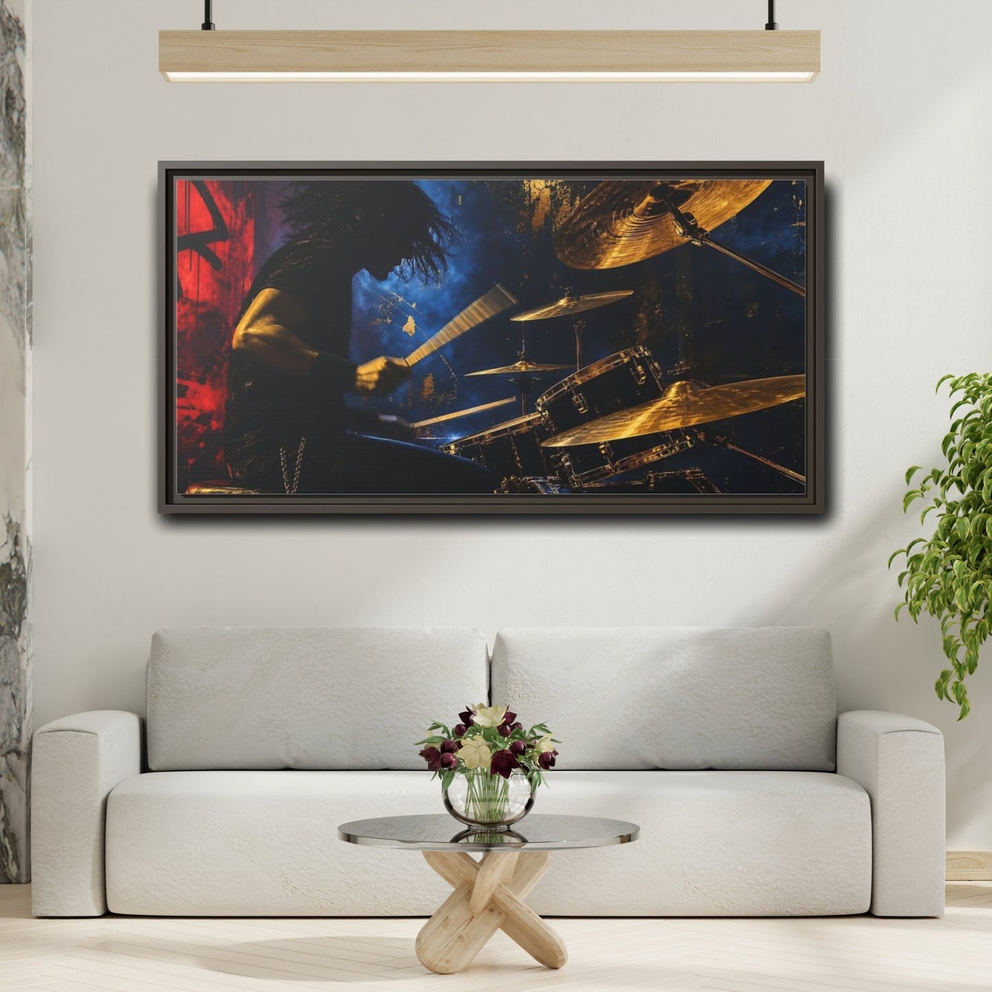 Mockup 2. Golden Cymbal Drummer shown as framed canvas print