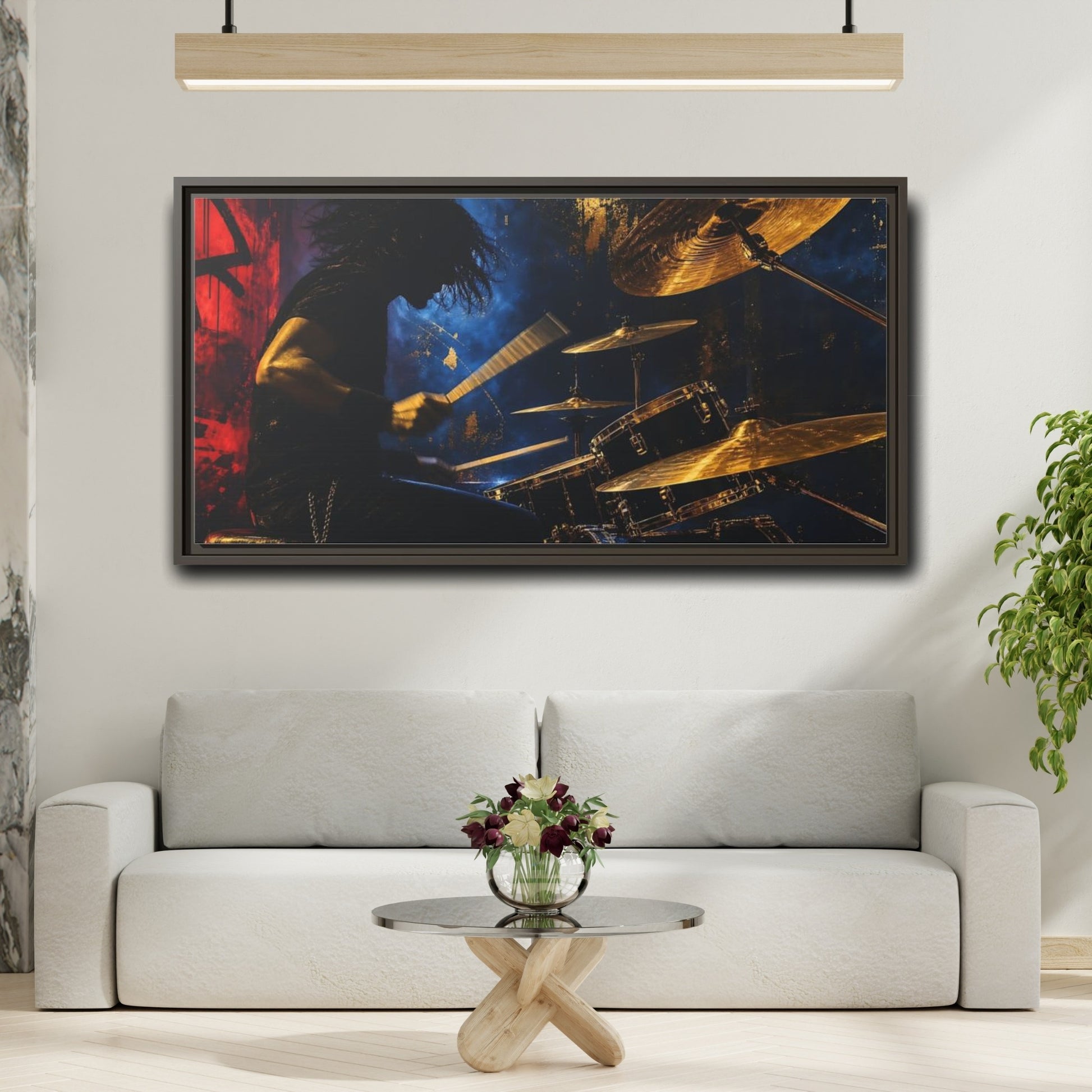 Mockup 2. Golden Cymbal Drummer shown as framed canvas print
