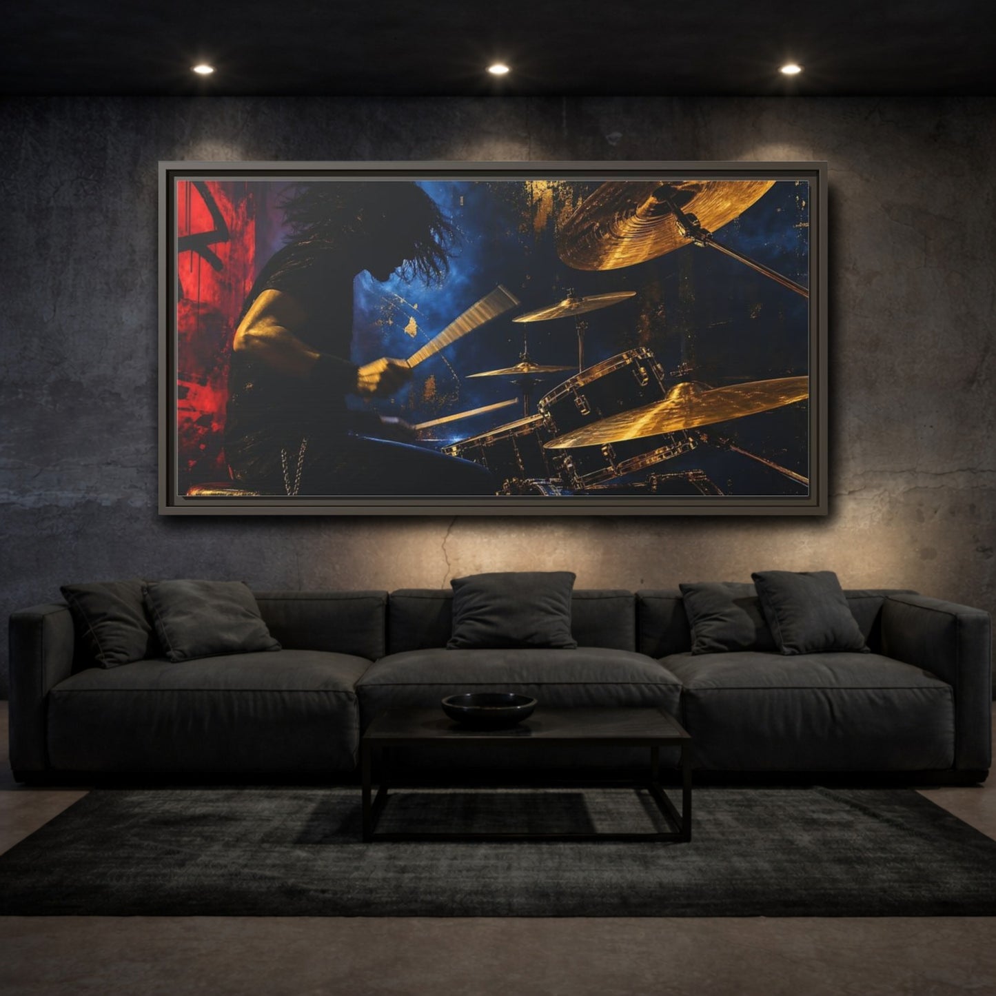 Mockup 3. Golden Cymbal Drummer shown as framed canvas print