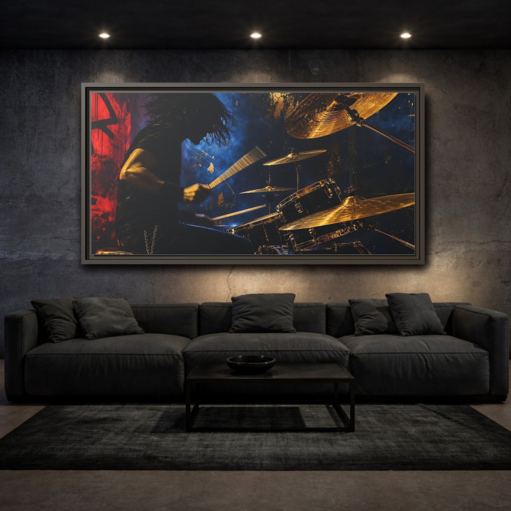 Mockup 3. Golden Cymbal Drummer shown as framed canvas print